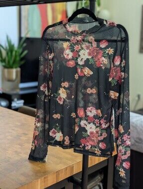 Dark floral mesh see through top